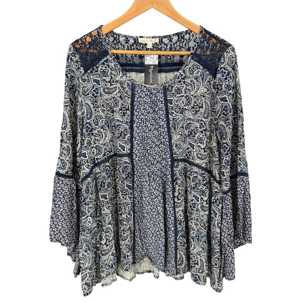NEW Hem‎ & Thread Womens Large Bell Sleeve Blouse Navy Paisley Lace Boho Peasant